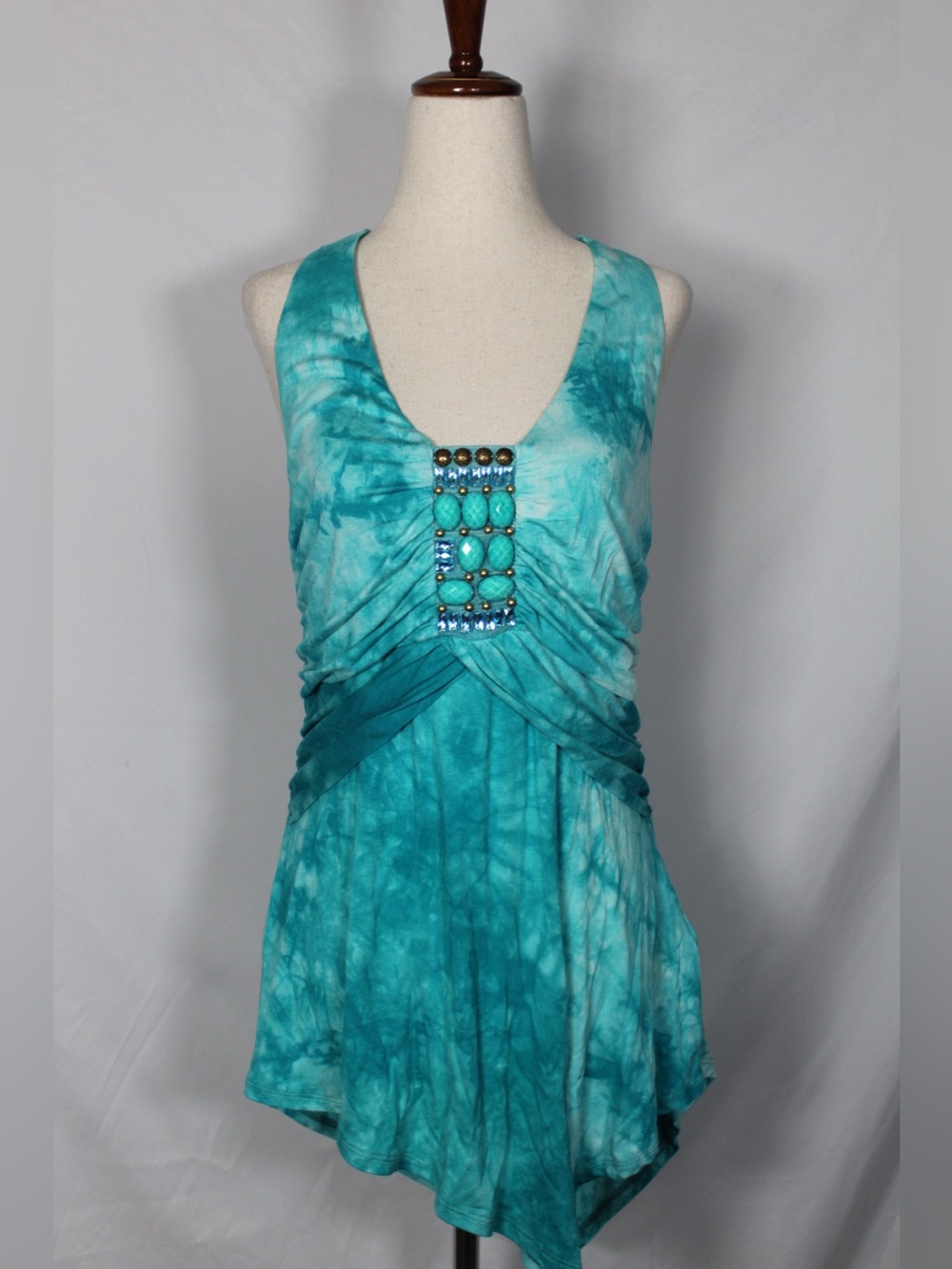 y2k Vintage VENUS Aqua Tie-Dye Sleeveless V-Neck Dress with Jeweled Front